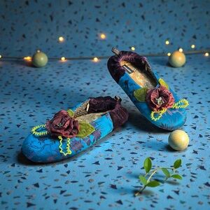 Goody Bon Bons Slippers Floral Silk Women M 7.5- 9 Aqua Asian Purple Velvet